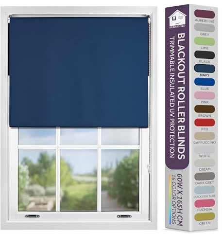 FURNISHED Blackout Roller Blind with Metal Fittings Trimmable Insulated Thermal Fabric Heavy-duty Easy Install Brackets Window Roller Blinds - Navy Blue, 210W x 210H cm