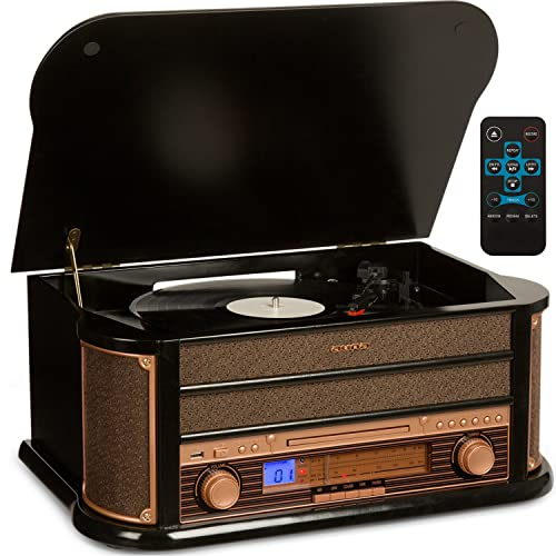 AUNA Belle Epoque 1908 - Giradischi Vinili, Stereo, Giradischi Vintage con Trasmissione a Cinghia, Altoparlanti Stereo, USB, Lettore CD, Slot per Cassette, Nero