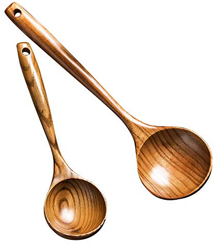 2 Pcs Wooden Spoon Ladle Utensils Spoons-14 inch Long Kitchen Cooking Spoon & 11 inch Best Serving Soup Spoon Set