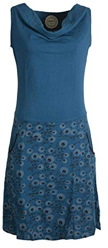 Vishes - Alternative Bekleidung - Damen Baumwoll-Kleid, Blumen-Muster, Wasserfall-Kragen und Taschen türkis 40