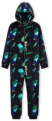 Minecraft Fleece Jumpsuit Kinder Jungen Schlafoverall mit Kapuze, Gamer Geschenke für Kinder Teenager (Schwarz AOP, 9-10 Jahre)