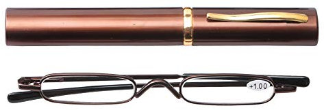 SOOLALA Skinny Cute Reading Glasses Super Slim Compact Reader w/Pen Clip Tube Case, Brown, +2.5