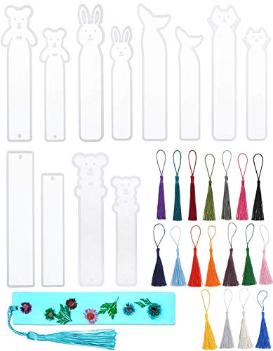 Lesezeichen Harz Formen, 12 Stück Lesezeichen Form Silikon, DIY Lesezeichen Form mit 18 Stücke Bunte Quasten, Lesezeichen Silikonform, Epoxidharz Formen Lesezeichen für Epoxidharz, Schmuck DIY Basteln