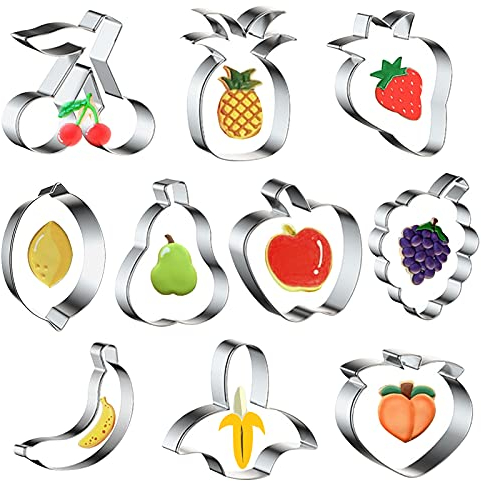 wonmon 10-teiliges Obst-Ausstechformen-Set aus Edelstahl, Obstform, Ausstechformen für Ananas, Erdbeere, Birne, Zitrone, Apfel, Traube, Pfirsich, Banane, Kirschmuster, Ausstechformen
