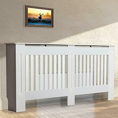 BRIEFNESS Radiator Cover Large, MDF Radiator Shelf, Heating Hide-Out Cover, Modern Cabinet Top, Vertical Slat, White Painted, for Living Room Bedroom Hallway Decor Display Heater Safety Protection