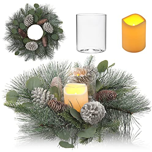 Oairse Ø46cm Kunstpflanzenkranz mit flammenloser LED-Kerze und Glashalter, Weihnachtskerzenkranz für Tischdekoration, für Weihnachtsdekorationen für Indoor und Outdoor Christmas Thanksgiving