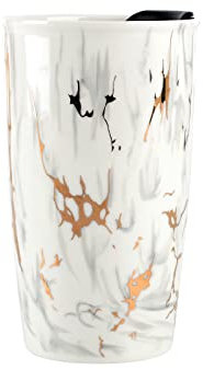 Ceramic Coffee Mug with Lid, Double Wall Coffee Travel Mug Marble Gold Ceramic Tumbler 12 oz, Reusable Tall Cup, Portable, Splash Resistant Lid for Hot Cold Beverage Coffee Tumbler, Dishwasher Safe