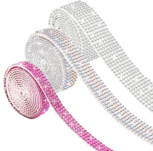 AFUNTA Lot de 3 rouleaux de ruban à strass auto-adhésifs - 2,7 m de ruban en cristal à paillettes pour gâteaux de mariage, d'anniversaire, loisirs créatifs (argenté AB rose)