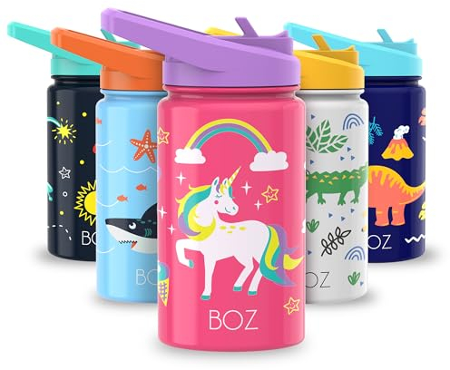 BOZ Kids Water Bottle for School with Straw Lid, Stainless Steel Insulated Water Bottle for Kids, Toddler Water Bottle, Leak Proof Water Bottle for Kids and Toddlers - 414 ml (Unicorn)