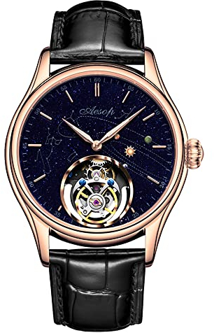 Aesop Tourbillon Uhren Mechanische Herrenuhren Skeleton Tourbillon Uhrwerk Handaufzug Analoge Armbanduhren Blauer Sandstein Sternenhimmel Zifferblatt Saphir Business Luxusuhr 7049(Roségold)