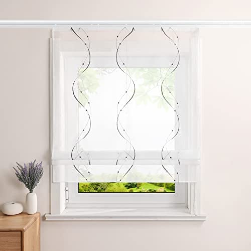 Heichkell Voile Raffrollo mit Schienensystem Transparent Raffgardinen Vorhang mit Stickerei Wohnzimmer Gardine Grau BxH 80x140cm