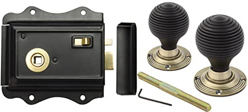 AB Hardware Old English Victorian Style Latch Lock Snib + Ebonised Beehive Rim Door Knob Set (Antique Brass)