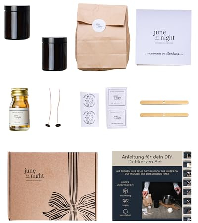 juneBYnight DIY Kerzenherstellung Set mit Sojawachs, Duftöl, Dochten, Kerzenglas, Kerzen ziehen, Candle Making Kit, Duftkerzen Selber Machen Set - 2x180ml Oud-Samtrose