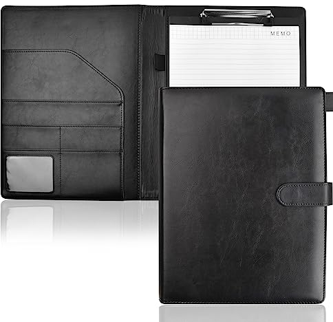 Klemmbrettmappe A4 mit Deckel, Dokumentenmappe mit Kartenhalter, Konferenzmappe Ordner mit Notizbuch, PU Leder Schreibmappe mit Magnet für Register Organizer (Schwarz)