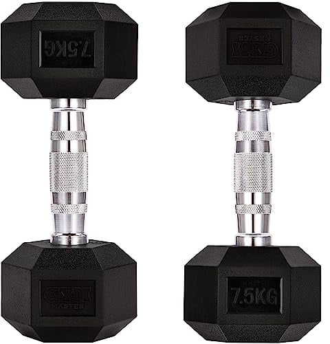GYM MASTER Hex Dumbbells - Rubber Encased Cast Iron Hand Weights and Optional 3 Tier Rack - Pair of 07.5KG (15KG Total)