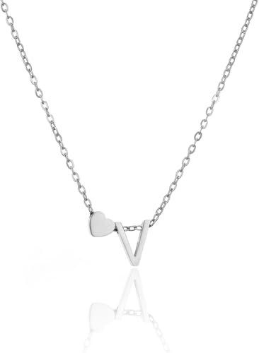 HSWYFCJY Halskette Damen Silber Herz Kette mit Buchstabe V 316L Edelstahl Initialen Anhänger Verstellbar Namenskette 45+5cm Personalisierte Schmuck Geschenke für Frauen Mädchen