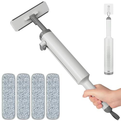 Shker Portable Self-Squeeze Mini Mop, Short Rotatable Hand Wash-Free Flat Squeeze Mop with Crevice Brush and Reusable Microfiber Pads, Floor Cleaning System (Mop+4 Pads), Gray