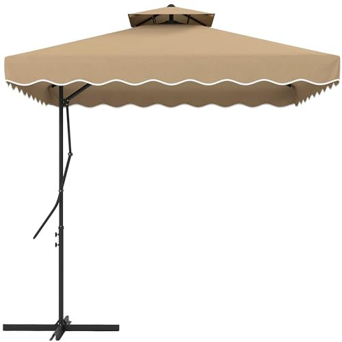 Outsunny Parasol déporté parasol de jardin carré avec pied en croix double toit pour jardin, terrasse, balcon, kaki