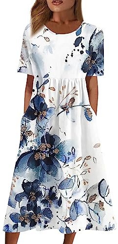 Kleid Damen Elegant Summer Dress Kleid Damen Elegant Leichte Freizeitkleid Mit Taschen Blusenkleid Damen Sommerkleider Glitzer Kleid Weißes Kleid Sommerkleid Damen Elegant（6-Blue,XXL）
