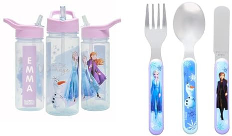 Disney Frozen Magic Personalised Sticker Water Bottle with Straw 500ml & II Frozen 3 Piece Cutlery Set – Metal, Reusable Children's Knife, Fork & Spoon, Kids-Size