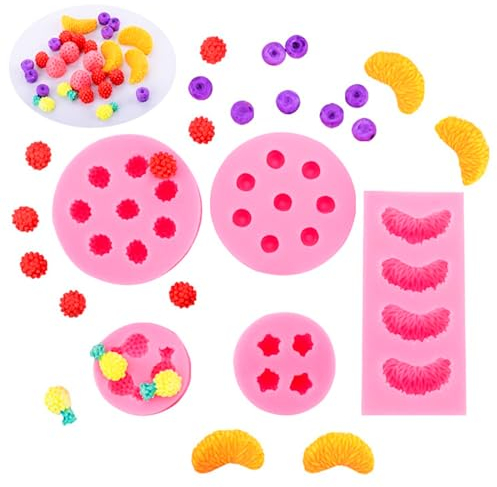 Juego De 5 Moldes De Silicona Con Forma De Fruta, Moldes De Silicona Para Fondant, Accesorios Para Decoración De Tartas, Moldes Reutilizables 3D De Frambuesa, Arándano, Piña, Fresa Y Naranja