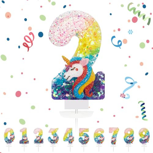Geburtstagskerzen Zahlen 2,3D Regenbogen Einhorn Geburtstagskerzen,Kerzen Geburtstag Zahl 2, Kuchen Topper Dekoration Kuchendeko Geburtstag, Geburtstagskerzen für Geburtstagsdeko Mädchen Jungen