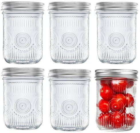 Amzcku 16oz vintage Mason Jars with Lids, Regular Mouth Canning Jar, Safe For Storage, Canning, Pickling, Preserving, Fermenting, DIY Crafts & Decor 6 Pack