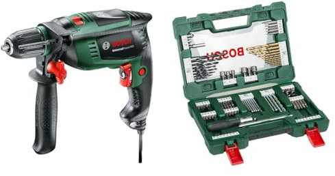 Bosch Home and Garden Universal Impact 800 Trapano Battente, Funzione Kickback Control + 91 Pezzi di punte e bit V-Line in titanio (per legno, pietra metallo)