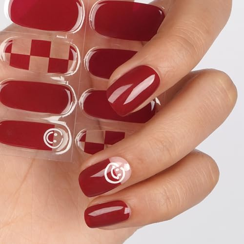 DANNI & TONI Semi Cured Gel Nail Polish Strips,Red Check Gel Nail Stickers,Salon-Quality Gel Nail Polish Strips Manicure Stickers Set(Happy Face) 28Pcs