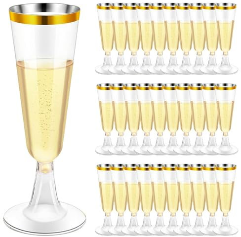 lbxtswpl Sektgläser Plastik, 30 Stück Sektglas, 150 ML Weingläser Cocktailgläser Mehrweg Plastik Sektkelch Mit Goldrand Verziert für Hochzeiten Geburtstage Partys