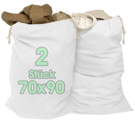 ELES VIDA® - XXL Wäschebeutel 2 Set 70x90cm aus 100% Baumwolle - Extra große Heavy Duty Wäschesack XL - langlebig, Mit Kordelzug, Reise Wäschesammler Wäschebox Kleidersack Aufbewahrung Weiß