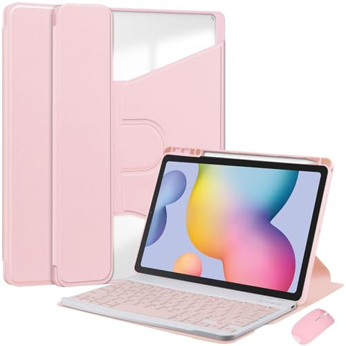 HEKUEUN Funda con Teclado para Samsung Galaxy Tab S6 Lite 10,4 Pulgadas 2024/2022/2020, Teclado Español Ñ Inalámbrico Desmontable, Funda Ultrafina Giratoria 360° con Portalápices Y Ratón,Rosado