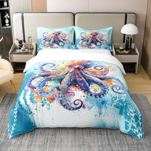 Homemissing Octopus Bettbezug Set Ozean Kraken Baumwolle Bettwäsche Set 135x200cm für Mädchen Zelte Betten Set Atmungsaktiv Meereskreatur Unterwasserwelt Bettdeckenbezug Dekor Sealife Sea Tier