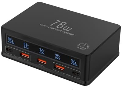 78W Chargeur USB Charge Rapide à 5 Ports Station de Charge avec écran LCD et 30 W Type-C PPS 25 W QC4.0 Port Adaptateur d'alimentation USB pour iPhone 15 14 13, Samsung S23, iPad, etc. [Noir]