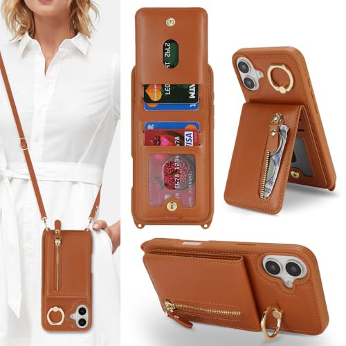 Zouzt for iPhone 16 Case with Cord and Card Holde, Zipper Wallet Case with Crossbody Lanyard Ring Adjustable Necklace Protective Cover Women for iPhone 16 6.1 Inch - Brown