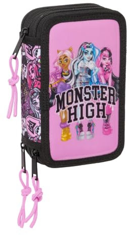 Safta Monster High Drama - Estuche Escolar con 37 Útiles Incluidos, Estuche Infantil, Estuche Niño, Ideal para Niños de 5 a 14 Años, Cómodo y Versátil, Calidad y Resistencia, 12.5x5.5x19.5 cm