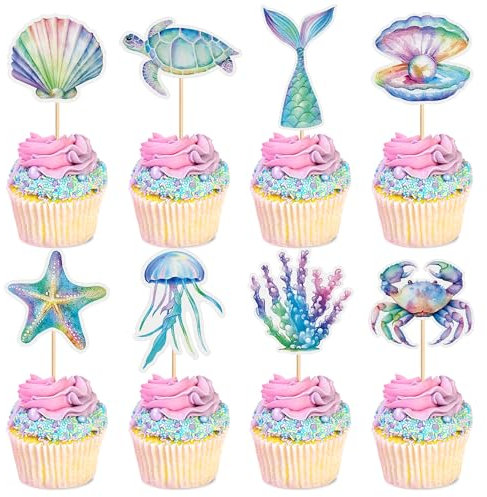Blumomon 24 Stück Mermaid Cake Toppers Meerjungfrau Tortendeko Ozean Cupcake Toppers Kinder Frauen Geburtstag Deko Meerjungfrau Thema Party Dekoration