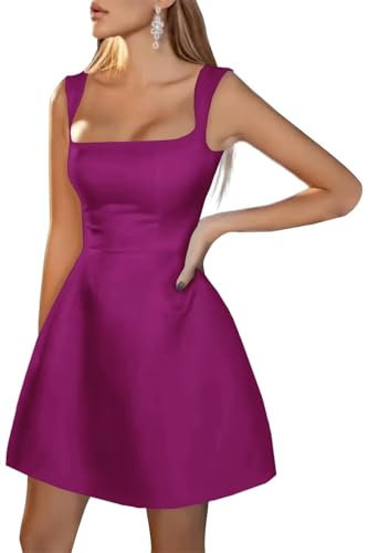Vestidos cortos de satén para adolescentes, vestido de cóctel, graduación, acampanado, cuello cuadrado, vestidos de fiesta de boda, fucsia, 40
