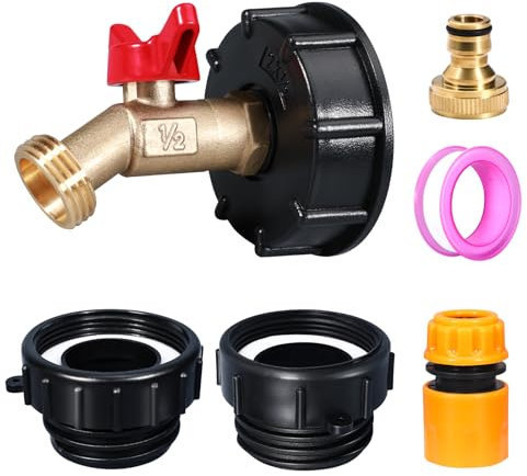 IBC Tote-Adapter, 275-330 Gallonen – 3 Größen IBC Tote Adapter, 6,2 cm fein, 5,1 cm Fein- und 5,1 cm Grobgewinde, bleifreier Messingschlauchhahn, 1,27 cm NPT männlich auf 1,9 cm männlich GHT (red)