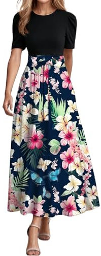 Robe d'été pour femme - Imprimé floral - Manches courtes - Patchwork - Ourlet à volants - Robe trapèze pour invitée de mariage 2025, 19-rose, S