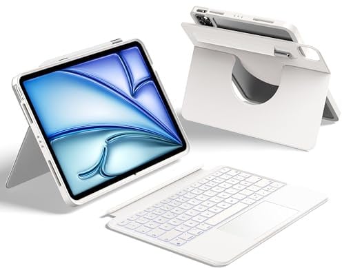 HOU Rotierende Tastaturhülle für iPad Air 11 (M3/M2) 2025 Magnetische Abnehmbare Hülle mit Tastatur für iPad Air 6/5/4, Pro 11 4/3/2/1 mit Touchpad, Beleuchtung und Halterung, Stiftetui,QWERTZ-Weiß