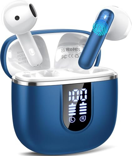 Wireless Earbuds, 2025 Bluetooth 5.4 Headphones in Ear with 4 ENC Noise Cancelling Mic, 40H Wireless Earphones with HiFi Stereo Deep Bass, IP7 Waterproof Bluetooth Ear Buds Dual LED Display Blue