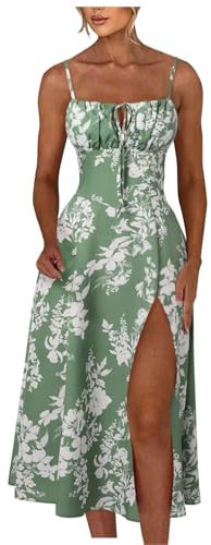 Générique Femmes Robe d'été Spaghetti Bretelles Robe de Printemps Bohème Robes Avant Fourche Swing Midi Sun Jupe Fête Vacances Plage Robes