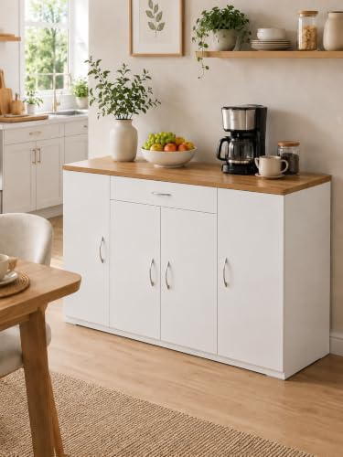 Amveya Buffetschrank Sideboard Weiß modern schmal Esszimmer 110×30×70cm | Sideboard Buffetschrank mit 4 Türen 1 Schublade und viel Stauraum als schmale Anrichte für Geschirr Besteck und Tischwäsche