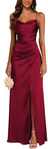 JAEDEN Satin Brautjungfernkleider Spaghettiträger Ballkleider Lang mit Schlitz Meerjungfrau Falte Abendkleider Wein Rot 36