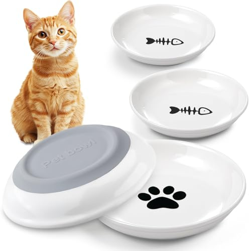 AMFUN 4 PCS Ceramic Cat Bowls, Wide Shallow Cat Food Dishes with Non-Slip Silicone Bottom, Flat Bottom Cat Food Bowl for Kittens, Puppies and Small Animals