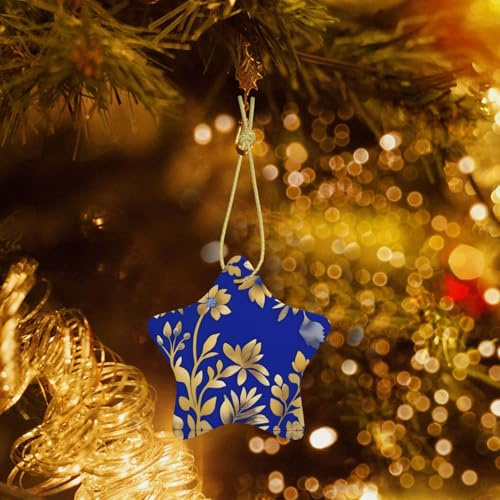Phayah Ornamento per albero di Natale a forma di stella in ceramica con motivo a pianta blu e oro, souvenir per la casa di Capodanno, per riunioni, albero di Natale da appendere