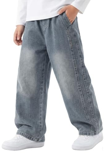 Keyck Jean Baggy Garçon Enfants Pantalon en Denim Streetwear Pant 7-15 Ans | avec Taille Élastique, Multiples Poches, Loose Fit, Décontracté Large Long Jeans, Confortable Casual Mode Pantalon de Jogging