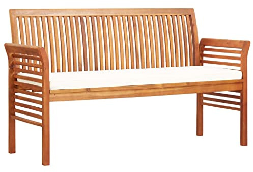 Teenpull 3-Sitzer Gartenbank Akazie Massivholz, 150 cm Outdoor Sitzbank mit Creme Kissen, Wetterfest für Terrasse, Garten und Veranda, Lattendesign