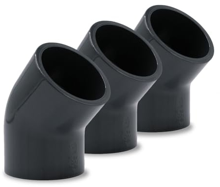 Baumaxxe 3x PVC Winkel 32mm - Klebemuffe 45 Grad Fitting - 16 Bar - bm063 | 1 Zoll PVC Fitting, 2x Klebemuffe und Anschlagfuge, zum Verkleben mit PVC Rohr 32mm, Pool Zubehör für Poolverohrung 32mm